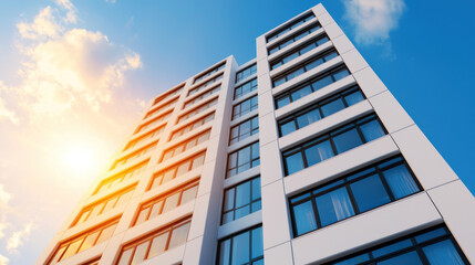 Modern building with large windows and clear blue sky, illuminated by sunlight, showcasing contemporary architecture