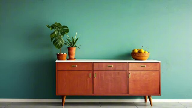 Stylish retro wooden sideboard decorated with plants and a bowl of fruits against a vibrant turquoise wall