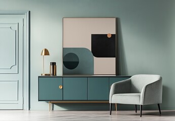 A sideboard in light teal with wicker doors stands against the wall of an empty room. A poster frame with a portrait painting of geometric shapes hangs on the wall.