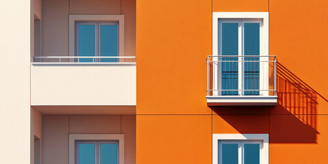 Fototapeta premium Modern residential building with vibrant orange and white facade, featuring large windows and balcony casting shadows