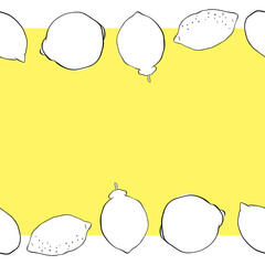 Lemon whole citric fruits seamless horizontal border frame. Hand drawn vector graphic line ink illustration. black and white Banner for menu, package, cosmetic, textile, cards
