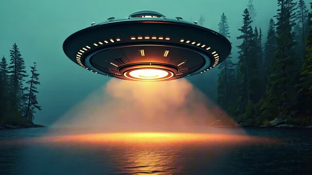 Large ufo illuminating lake surface with mysterious orange light beam at night near forest