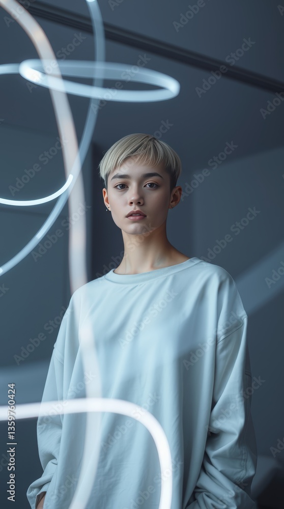 Poster soft light and serene expression create a captivating moment in a minimalistic indoor setting