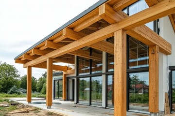 Modern eco-friendly house under construction featuring wooden beams and large glass windows