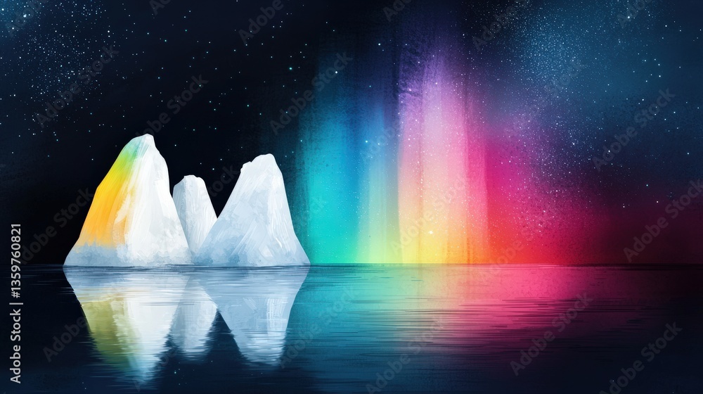 Poster a large iceberg floating in the ocean, with a colorful aurora in the background