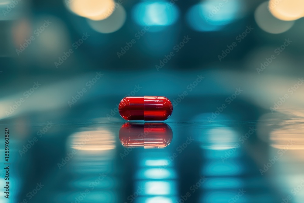 Poster bright red capsule on reflective surface with soft focus background