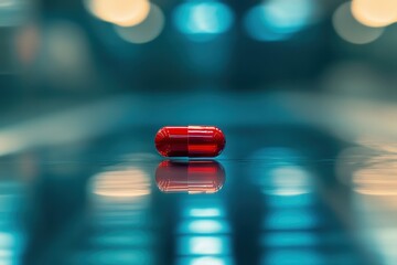 Bright Red Capsule on Reflective Surface with Soft Focus Background