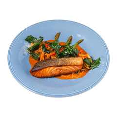 Salmon pasta dish restaurant food photography elegant setting close-up culinary delight