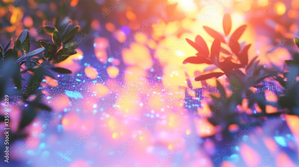 Poster silhouetted greenery sprouting from a vibrant abstract surface with warm and cool light in a surreal