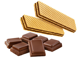 biscoito wafer de chocolate acompanhado de barra de chocolate ao leite isolado em fundo transparente