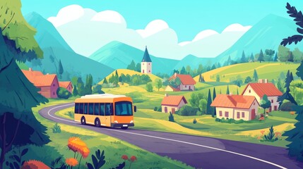 A vibrant bus travels along a winding road through a picturesque village surrounded by lush green mountains