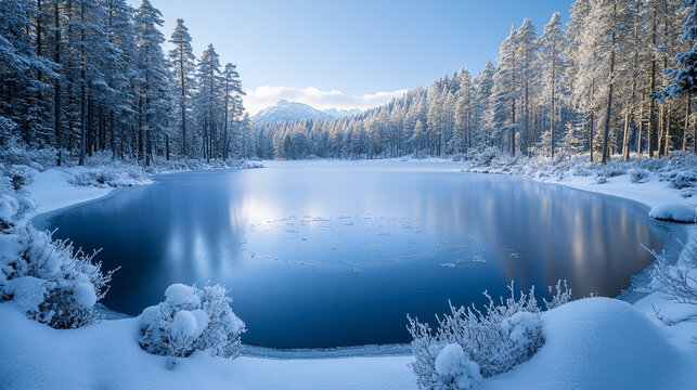 Frozen Lake Surrounded by Snowy Pines