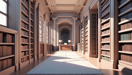 Sunlit Pixel Art Library Hallway: Classical Architecture and Bookshelves