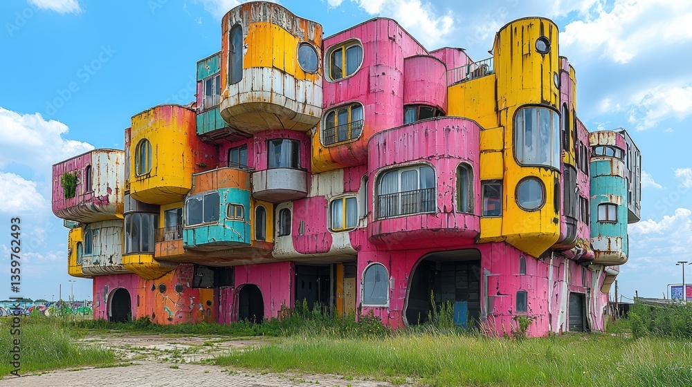 Poster unique architecture: colourful experimental building with individual modules