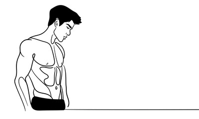 Sculpted pumped up body. Sport man narcissist, admires himself on white background. Sport guy model line art drawing. Vector illustration