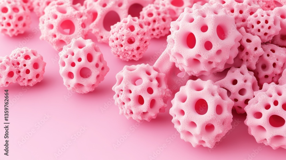Poster close-up view of numerous intricately designed pale pink spherical structures on a pink surface rese