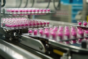 Modern Pharmaceutical Manufacturing Process with Pink Capsules