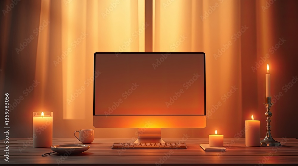 Aufkleber computer setup illuminated by soft candle light in the evening