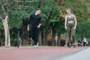 Obraz premium Two individuals engage in an outdoor fitness activity, walking together on a park track surrounded by green trees and natural scenery, conveying a sense of health and connection with nature.