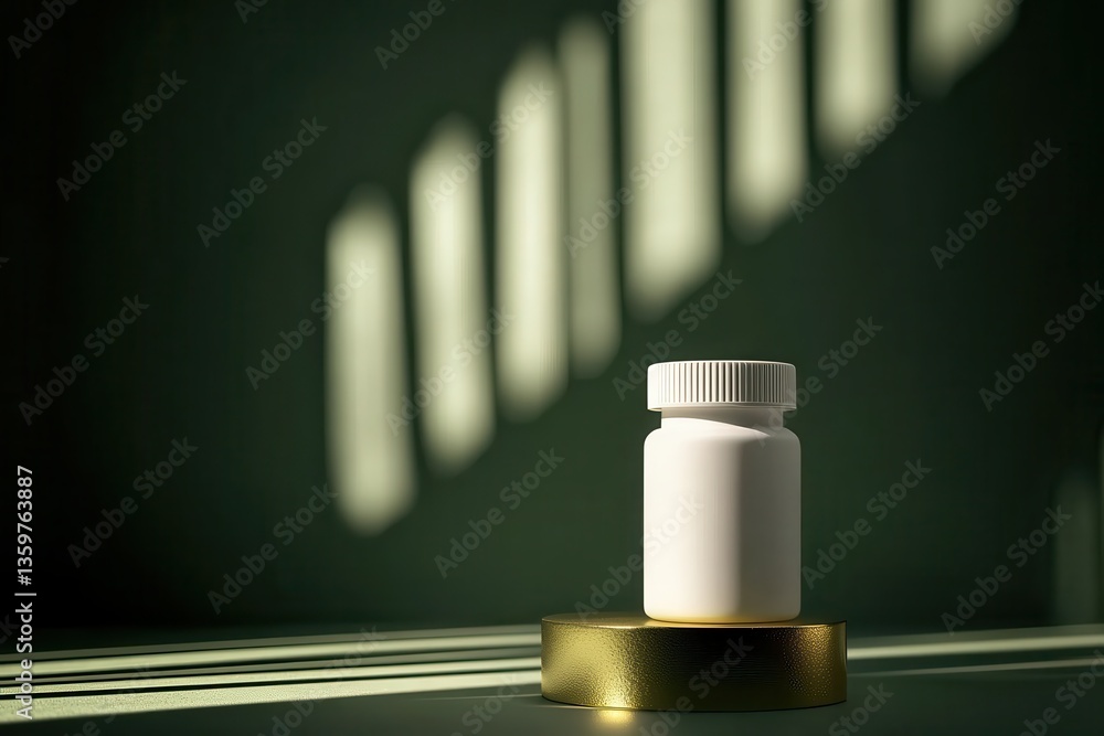 Poster white bottle on a round platform with soft shadows and light play
