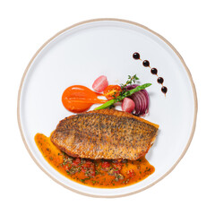 Fine dining photography gourmet grilled fish in an elegant setting