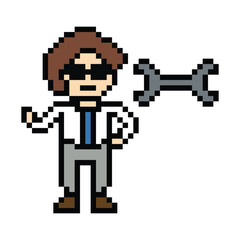 Fototapeta premium Cartoon cute pixel 8bit character engineer man fix problem improvement for decoration 8 bit male boy male engineer solve problem character game png vector.