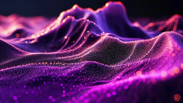 Abstract purple and orange glowing particle landscape forming mountain peaks, motion background
