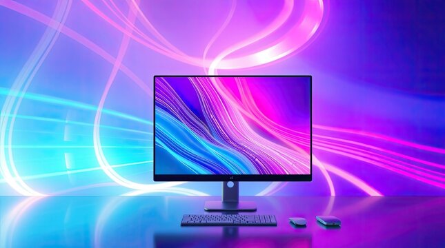 Computer monitor displays colorful abstract art with keyboard and mouse
