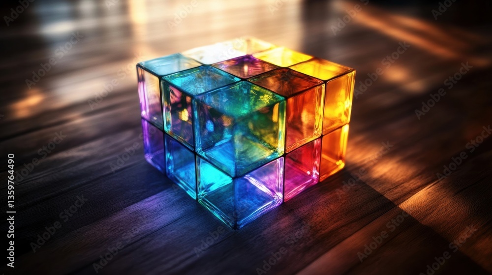 Poster a vibrant translucent cube made of smaller multicolored glass blocks resting on a dark wooden surfac