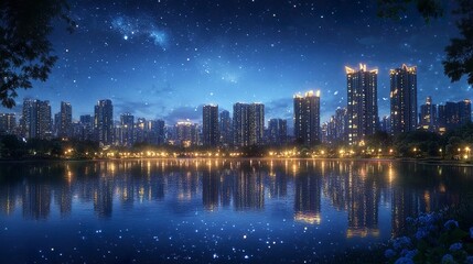 Fototapeta premium Stunning night cityscape with glowing skyscrapers reflecting on a calm river, a clear starry sky above, and soft golden lights illuminating the streets 