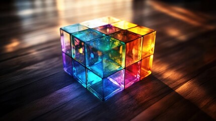 A vibrant translucent cube made of smaller multicolored glass blocks resting on a dark wooden surface illuminated by warm overhead light source