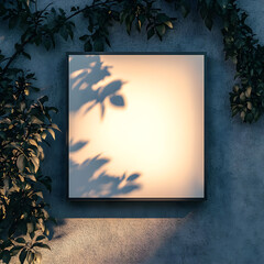 Blank square store signboard mockup. Empty illuminated billboard lightbox for shop advertising in black frame template mounted to the wall with tree leafs shadows on background