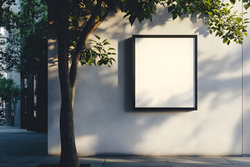 Blank rectangle store signboard mockup. Empty illuminated billboard lightbox for shop advertising in black frame template mounted to the wall with tree leafs shadows on background