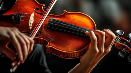 Fototapeta premium A close-up of hands playing a violin, showcasing the instrument's details and artistry.