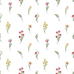 Seamless watercolor floral pattern with delicate wildflowers. Elegant hand-painted botanical design for fabric, wallpaper, invitations, and scrapbooking. Soft natural aesthetics in pastel tones