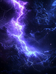 Electric blue and violet lightning splits through dark swirling clouds in a dramatic otherworldly sky.