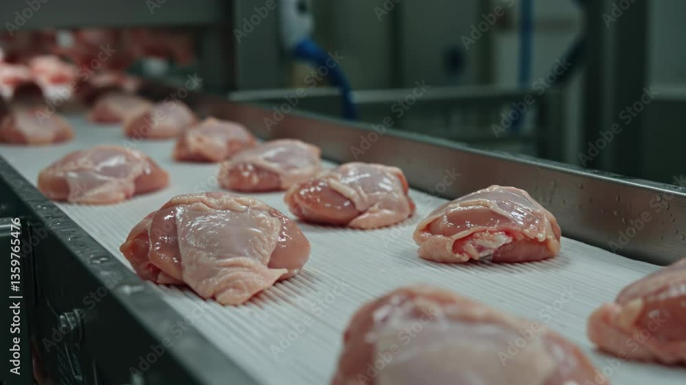 Poster automated chicken processing on conveyor belt in modern industrial setting