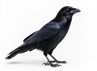 Fototapeta premium Standing Raven Bird Profile on White Background Featuring Black Feathers