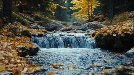 Autumnal forest stream cascading over rocks