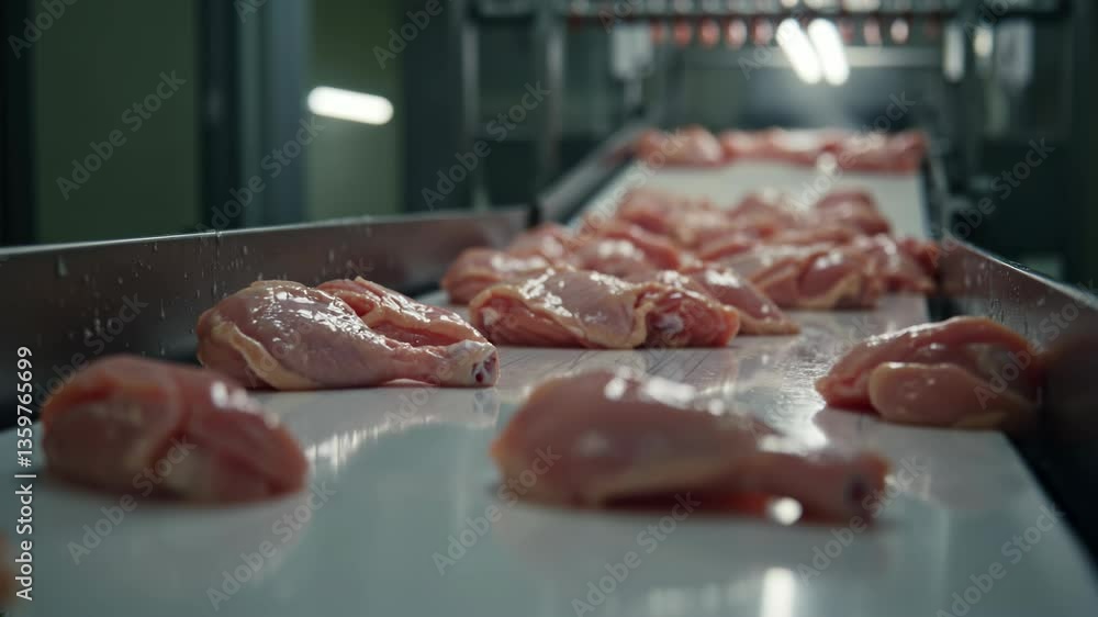 Poster automated chicken processing: conveyor system moving fresh poultry for efficient packaging