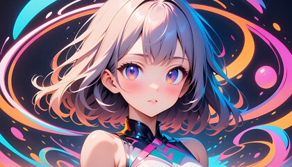 Vibrant Anime Girl Portrait with Swirling Neon Background
