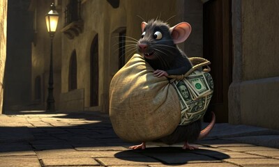 Furtive Rat Movements and Overflowing Sack of Money Representing Greed for International Anti-Corruption Day Made with Generative AI Technology

