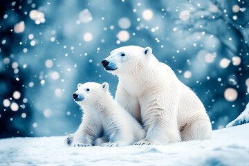 A mother polar bear and cub enjoying the winter snowfall