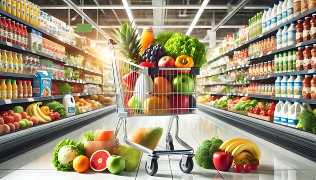 Shopping cart filled with fresh fruits, vegetables, and groceries in a brightly lit supermarket aisle. A vibrant and healthy selection representing organic produce, nutrition, and grocery shopping.