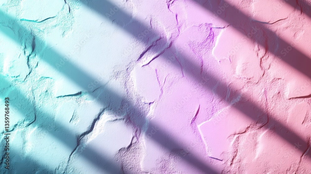 Poster abstract textured surface with gradient of teal and pink hues illuminated by diagonal light stripes 