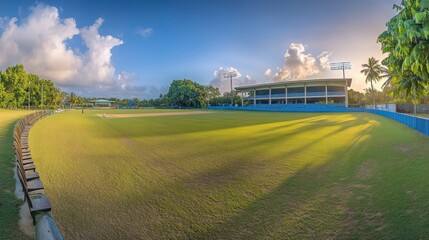 A panoramic view of a cricket field under a bright sky with lush greenery.