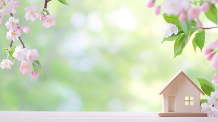 A serene scene featuring a small wooden house surrounded by delicate pink blossoms and a softly blurred green background.