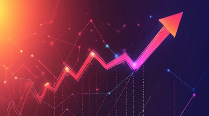 A digital marketing performance graph with a rising arrow and percentage growth indicators.