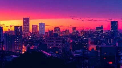 Obraz premium The Tokyo skyline glowing in the soft light of dawn, with a gradient sky transitioning from deep purple to warm orange, skyscrapers casting long shadows across the waking city