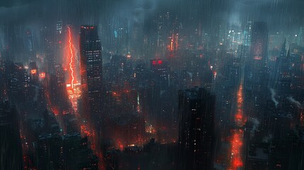 Thunderstorm over a sprawling urban cityscape, vivid lightning bolts illuminating the sky and casting fleeting light on skyscrapers, heavy rain obscuring distant buildings